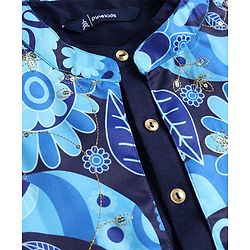 Pine Kids Woven Full Sleeves Floral Printed & Embroidered Kurta & Pyjama Set With Jacket - Navy Blue