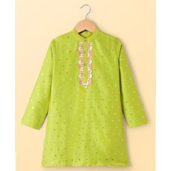 Pine Kids Woven Full Sleeves Sequinned Kurta & Pyjama Set - Lime Green