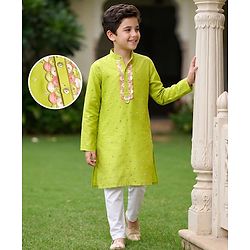 Pine Kids Woven Full Sleeves Sequinned Kurta & Pyjama Set - Lime Green
