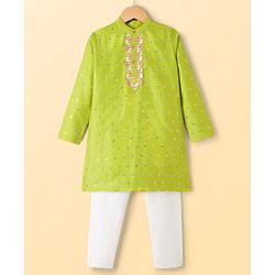 Pine Kids Woven Full Sleeves Sequinned Kurta & Pyjama Set - Lime Green