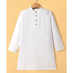 Pine Kids Cotton Woven Full Sleeves Kurta Pajama Set with Floral Embroidered Nehru Jacket - White & Navy