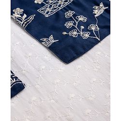 Pine Kids Cotton Woven Full Sleeves Kurta Pajama Set with Floral Embroidered Nehru Jacket - White & Navy
