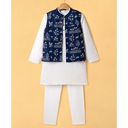 Pine Kids Cotton Woven Full Sleeves Kurta Pajama Set with Floral Embroidered Nehru Jacket - White & Navy