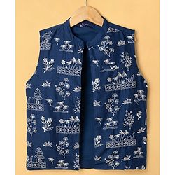 Pine Kids Cotton Woven Full Sleeves Kurta Pajama Set with Floral Embroidered Nehru Jacket - White & Navy