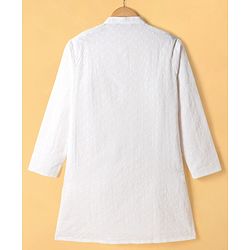 Pine Kids Cotton Woven Full Sleeves Kurta Pajama Set with Floral Embroidered Nehru Jacket - White & Navy