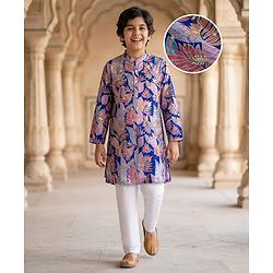 Pine Kids Woven Full Sleeves Kurta Pyjama Set with Floral Print & Sequinned Design - Royal Blue