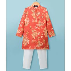 Pine Kids Cotton Woven Full Sleeves Floral Printed Kurta Pajama Set - Orange