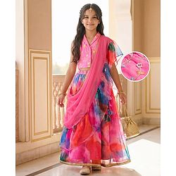 Pine Kids Woven Sleeveless Floral Sequinned & Embroidered  Choli & Lehenga Set With Dupatta - Pink