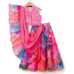 Pine Kids Woven Sleeveless Floral Sequinned & Embroidered  Choli & Lehenga Set With Dupatta - Pink