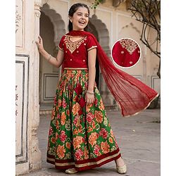 Pine Kids Woven Half Sleeves Floral Embroidered & Printed Lehenga Choli Set With Dupatta - Dark Red