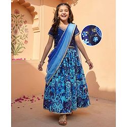 Pine Kids Woven Half Sleeves Floral Printed & Sequinned Embroidered Choli Lahenga Set with Dupatta - Light Blue