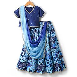 Pine Kids Woven Half Sleeves Floral Printed & Sequinned Embroidered Choli Lahenga Set with Dupatta - Light Blue