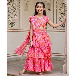 Pine Kids Woven Half Sleeves Floral Printed Choli & Layered Lehenga Set With Dupatta - Pink