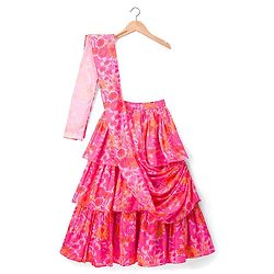 Pine Kids Woven Half Sleeves Floral Printed Choli & Layered Lehenga Set With Dupatta - Pink