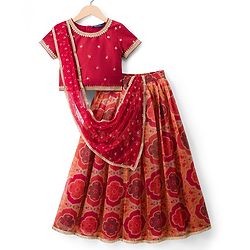 Pine Kids Woven Half Sleeves Floral Embroidered & Printed Lehenga & Choli Set With Dupatta - Rust Orange