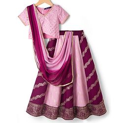 Pine Kids Woven Half Sleeves Choli Lagenga Dupattta Set with Floral Foil Print &  Sequinned Embroidery - Pink