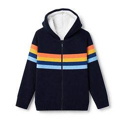 Pine Kids Knit Full Sleeves Front Open Hooded Sweater with Partially Stripes Design - Navy Blue