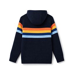 Pine Kids Knit Full Sleeves Front Open Hooded Sweater with Partially Stripes Design - Navy Blue