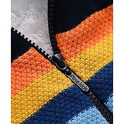 Pine Kids Knit Full Sleeves Front Open Hooded Sweater with Partially Stripes Design - Navy Blue