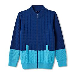 Pine Kids Knit Full Sleeves Colour Block Front Open Sweater with Cable Knit Design - Navy Blue