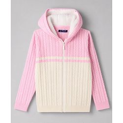 Pine Kids Knit Full Sleeves Hooded Front Open Sweater With Cable Knit Design - Pink