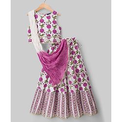 Pine Kids 100% Cotton Woven Sleeveless Floral Printed Choli Lehenga Set With Dupatta - White