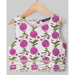 Pine Kids 100% Cotton Woven Sleeveless Floral Printed Choli Lehenga Set With Dupatta - White