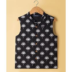 Pine Kids Cotton Woven Full Sleeves Solid Colour Kurta Pyjama Set with Floral Printed Nehru Jacket - White & Black