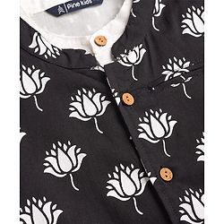 Pine Kids Cotton Woven Full Sleeves Solid Colour Kurta Pyjama Set with Floral Printed Nehru Jacket - White & Black