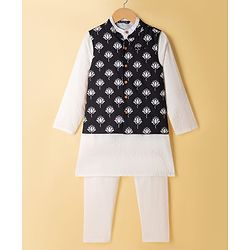 Pine Kids Cotton Woven Full Sleeves Solid Colour Kurta Pyjama Set with Floral Printed Nehru Jacket - White & Black