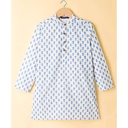 Pine Kids Cotton Woven Full Sleeves Floral Printed Kurta - White