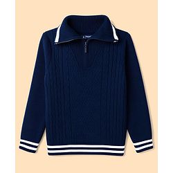Pine Kids Knit Full Sleeves Pullover Sweater With Cable Knit Design - Navy Blue