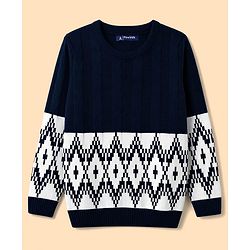 Pine Kids Knit Full Sleeves Pullover Sweater With Cable Knit Design - Navy Blue