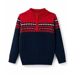 Pine Kids Knit Full Sleeves Pullover Sweater With Design - Navy Blue