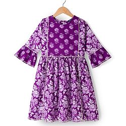 Pine Kids Cotton Woven Three Fourth Sleeves Kurti & Churidar Set With Dupatta & Floral Print - Purple