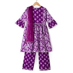 Pine Kids Cotton Woven Three Fourth Sleeves Kurti & Churidar Set With Dupatta & Floral Print - Purple