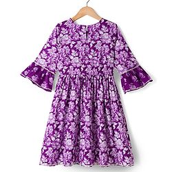 Pine Kids Cotton Woven Three Fourth Sleeves Kurti & Churidar Set With Dupatta & Floral Print - Purple