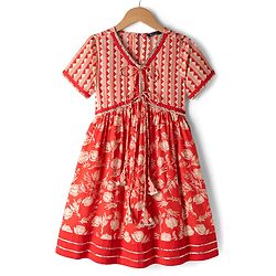 Pine Kids Cotton Woven Half Sleeves Floral Printed Kurti Churidar Set - Red