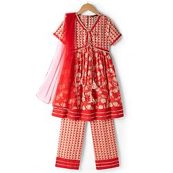 Pine Kids Cotton Woven Half Sleeves Floral Printed Kurti Churidar Set - Red
