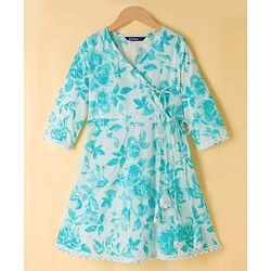Pine Kids Cotton Woven Three Fourth Sleeves Floral Printed Kurti Churidar Set with Dupatta- Sky