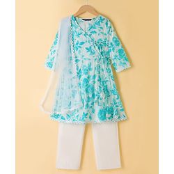 Pine Kids Cotton Woven Three Fourth Sleeves Floral Printed Kurti Churidar Set with Dupatta- Sky