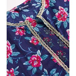 Pine Kids Cotton Woven Floral Printed Choli Lahenga Dupatta Set With Half Sleeves Jacket - Navy