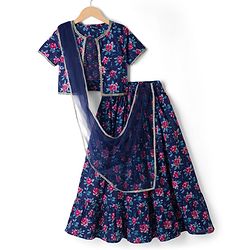 Pine Kids Cotton Woven Floral Printed Choli Lahenga Dupatta Set With Half Sleeves Jacket - Navy