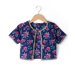 Pine Kids Cotton Woven Floral Printed Choli Lahenga Dupatta Set With Half Sleeves Jacket - Navy