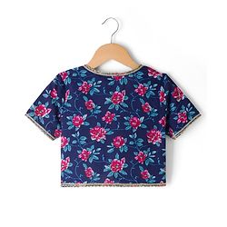 Pine Kids Cotton Woven Floral Printed Choli Lahenga Dupatta Set With Half Sleeves Jacket - Navy