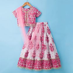 Pine Kids Cotton Woven Half Sleeves Floral Printed Choli Lahenga Set with Dupatta - White