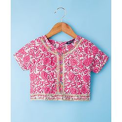 Pine Kids Cotton Woven Half Sleeves Floral Printed Choli Lahenga Set with Dupatta - White