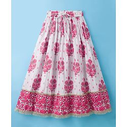 Pine Kids Cotton Woven Half Sleeves Floral Printed Choli Lahenga Set with Dupatta - White