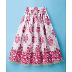 Pine Kids Cotton Woven Half Sleeves Floral Printed Choli Lahenga Set with Dupatta - White