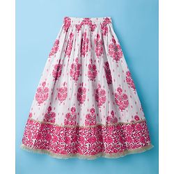 Pine Kids Cotton Woven Half Sleeves Floral Printed Choli Lahenga Set with Dupatta - White